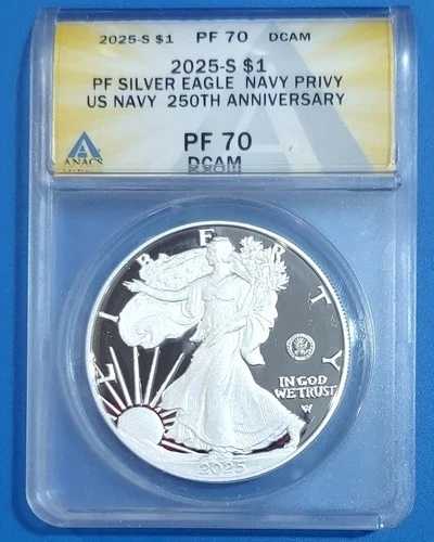 2025-S プルーフ シルバーイーグル 海軍250周年記念 プライベート ANACS PF70 DCAM オリジナルパッケージ+鑑定書付き｜WORLD RESOURCE【QUEEN店】 60,500円