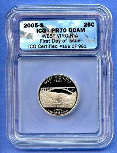 2005年 S ICG PR70 DCAM ウェストバージニア州 25セント アメリカ合衆国造幣局プルーフコイン FDOI｜WORLD RESOURCE【QUEEN店】