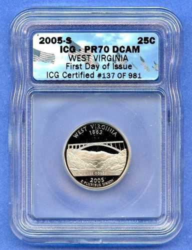 2005年 S ICG PR70 DCAM ウェストバージニア州 25セント アメリカ合衆国造幣局プルーフコイン FDOI｜WORLD RESOURCE【QUEEN店】
