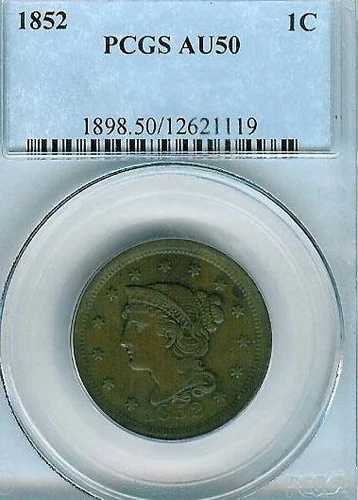 1852年 編み込みヘア ラージセント : PCGS AU50｜WORLD RESOURCE【QUEEN店】 57,475円