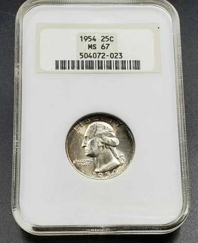 1954年 P 25セント ワシントン クォーター硬貨 NGC MS67 GEM BU OFH オールド ファット ホルダー トナー｜WORLD RESOURCE【QUEEN店】