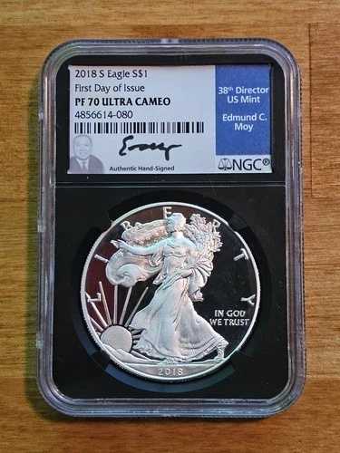 2018年Sシルバーイーグル NGC PF70-FDOI エドモンド・C・モイ署名入りブラックコア｜WORLD RESOURCE【QUEEN店】