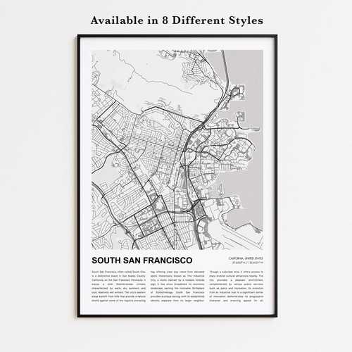 サウスサンフランシスコの地図プリント、カリフォルニア旅行ポスター、壁飾りアート｜WORLD RESOURCE【QUEEN店】