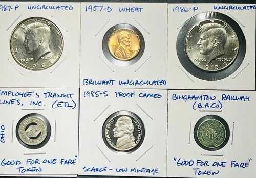 アメリカのコイン/鉄道トークン6枚セット:ケネディハーフダラー、1957Dウィートセント、その他多数!|WORLD RESOURCE【QUEEN店】