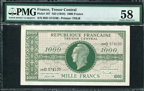 フランス 1944、1000 フラン、P107、PMG 58 AUNC|WORLD RESOURCE【QUEEN店】