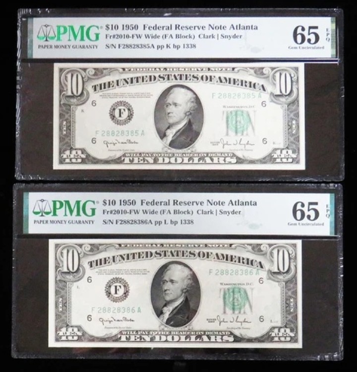 2枚連続 1950 $10 FRN FR #2010-FW ppK CLARK | SNYDER PMG GEM UNC 65 EPQ｜WORLD RESOURCE【QUEEN店】