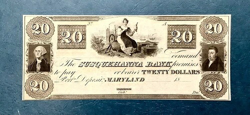 - 1830年代 20ドル サスケハナ銀行 - メリーランド州ポートデポジット - 厳選未流通|WORLD RESOURCE【QUEEN店】