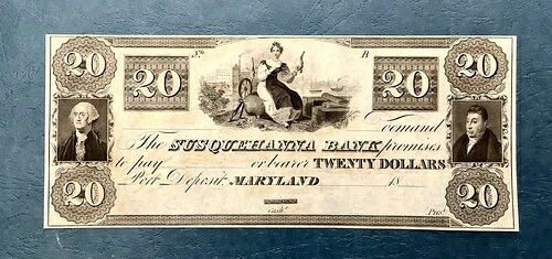 - 1830年代 20ドル サスケハナ銀行 - メリーランド州ポートデポジット - 厳選未流通|WORLD RESOURCE【QUEEN店】