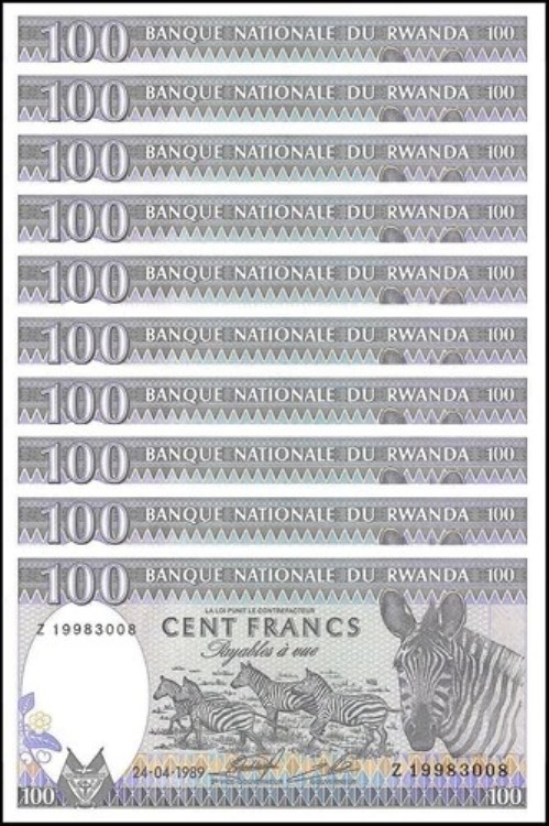 ルワンダ 100フラン、1989年、P-19、UNC × 10枚|WORLD RESOURCE【QUEEN店】