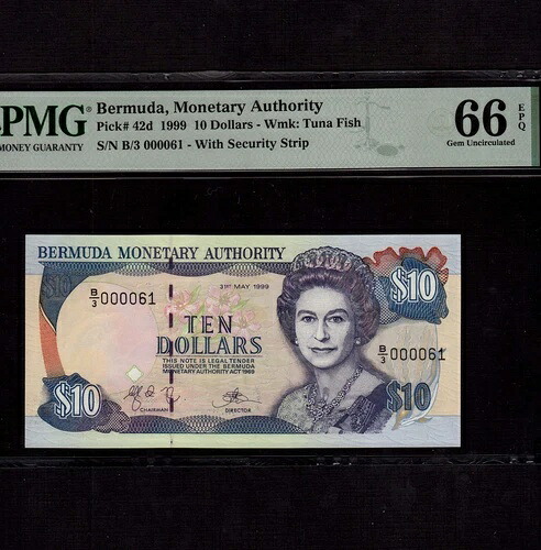 バミューダ 10ドル 1999 P-42d * PMG Gem Unc 66 EPQ * 低番号 000061 *｜WORLD RESOURCE【QUEEN店】