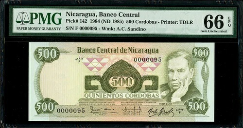 ニカラグア 500 コルドバ 1984年6月8日 PMG ジェム UNC 66 EPQ ローシリアル 95|WORLD RESOURCE【QUEEN店】