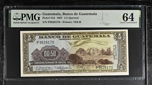 グアテマラ 1/2 ケツァル 1967 接頭辞文字 P p51d PMG 64 選択 UNC｜WORLD RESOURCE【QUEEN店】