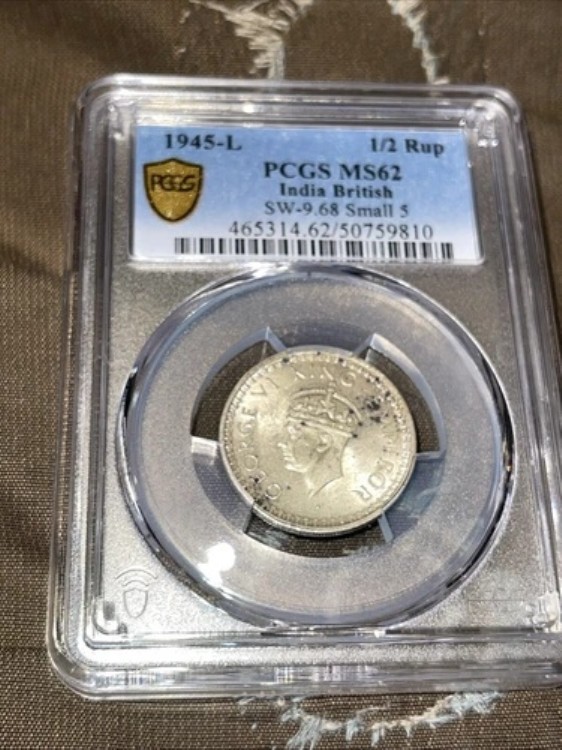 イギリス領インド 1/2 ルピー 1945 L ~ ラホール、シルバー PCGS 62 UNC、KGVI 希少 美品 ?｜WORLD RESOURCE【QUEEN店】