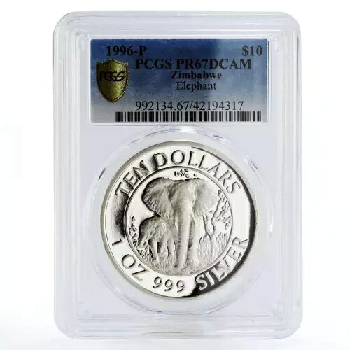 ジンバブエ 10ドル 野生動物ランドマーク象 PR67 PCGS 銀貨 1996年|WORLD RESOURCE【QUEEN店】