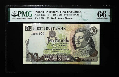 [ファンシーシリアル番号] NI FIRST TRUST 10 1994 P132 PMG 66 UNC バイナリレーダーローテーター 001100｜WORLD RESOURCE【QUEEN店】