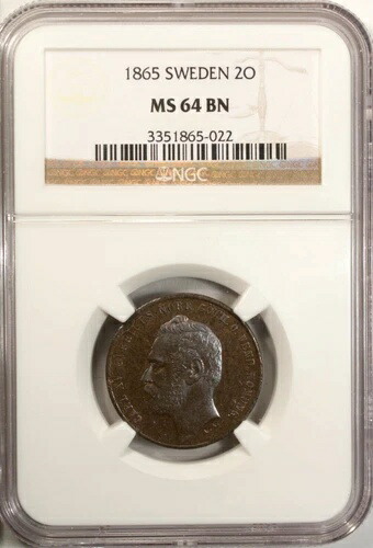 スウェーデン 2 鉱石 1865 NGC MS 64 BN UNC ブロンズ カール15世 人口 1/0 トップグレード｜WORLD RESOURCE【QUEEN店】