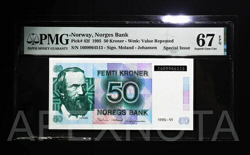 【特集】ノルウェー 50クローネ 1995 P42 PMG 67 SUPERB GEM UNC EPQ BLACK S/N｜WORLD RESOURCE【QUEEN店】