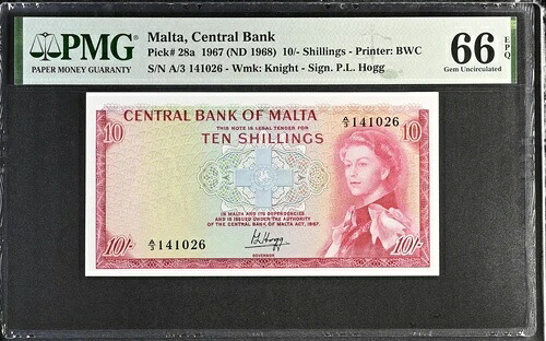 マルタ 10 シリング 1967 ND 1968 P 28 a Gem UNC PMG 66 EPQ|WORLD RESOURCE【QUEEN店】