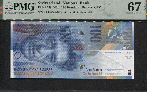 スイス国立銀行 2014 100 フランケン、PMG-67 EPQ、P-72j|WORLD RESOURCE【QUEEN店】