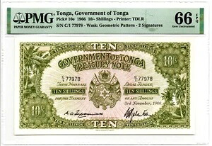 トンガ: トンガ政府 10 シリング 1966 年 11 月 3 日 Pick 10e PMG Gem Unc. 66 EPQ.|WORLD RESOURCE【QUEEN店】