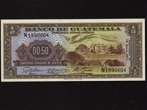 グアテマラ:P-41c、0.50Centavos Quetzale、1961 * セロ デル カルメン ヘリテージ * UNC *｜WORLD RESOURCE【QUEEN店】