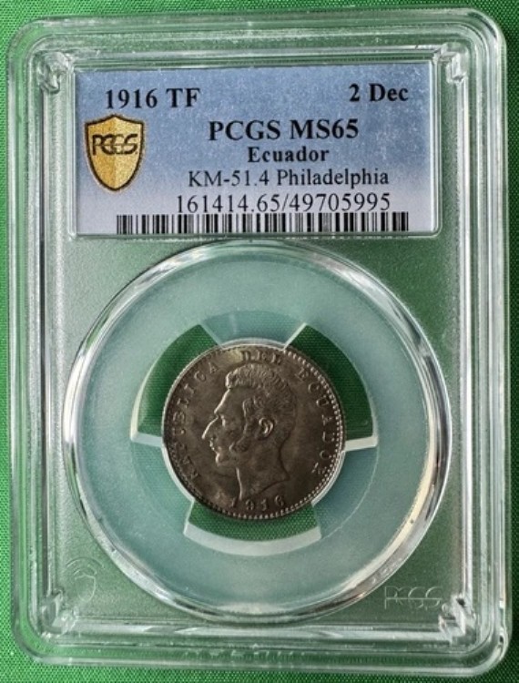 エクアドル共和国 1916-TF 2デシモス銀貨 UNC PCGS MS65 ゴールドシールドジェム｜WORLD RESOURCE【QUEEN店】