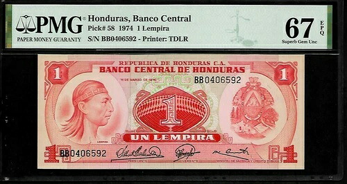 ホンジュラス 1 レンピラ 1974 PMG 67 EPQ UNC P# 58 PMG 人口 3/2｜WORLD RESOURCE【QUEEN店】 61,105円