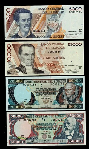 エクアドル交換セット 5000/10000/20000/50000 スクレ 1995/7/8 UNC。｜WORLD RESOURCE【QUEEN店】