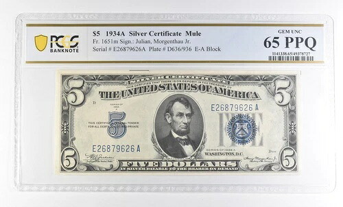 1934年 A $5 銀証明書 Mule Fr#1651m Gem Unc 65 PPQ PCGS *2814｜WORLD RESOURCE【QUEEN店】