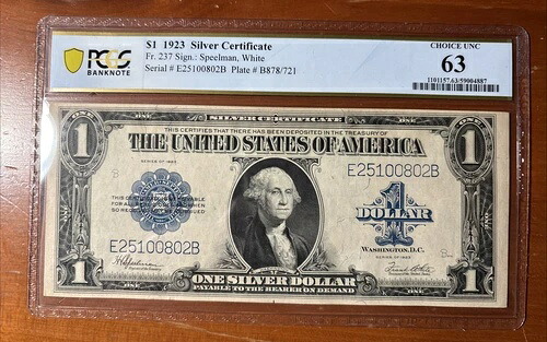1923年 1ドル銀貨証明書 Fr#237 Speelman - PCGS 63 UNC|WORLD RESOURCE【QUEEN店】
