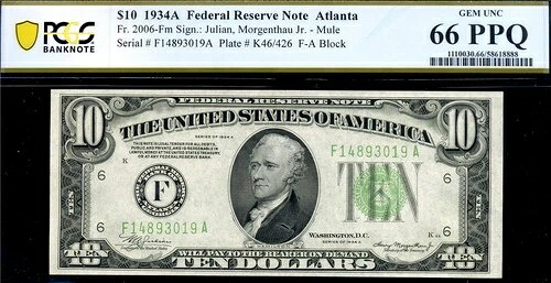 HGR 1934A $10 FRN FR.2006-Fm (最高級品 Pop3/0) PCGS GEM UNC 66PPQ (3019)|WORLD RESOURCE【QUEEN店】