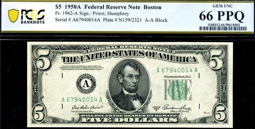 HGR 1950A $5 FRN ボストン FR.1962-A (最高級 Pop1/0) PCGS GEM UNC 66PPQ|WORLD RESOURCE【QUEEN店】