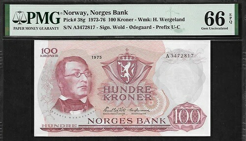 ノルウェー 100 クローネ 1975 PMG 66 EPQ UNC P#38g シリーズ A｜WORLD RESOURCE【QUEEN店】