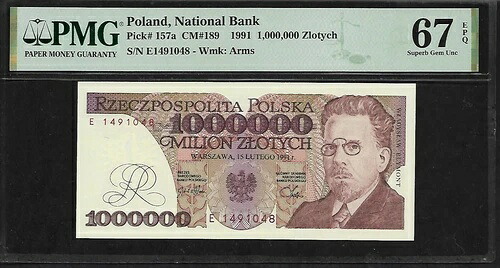 ポーランド 1,000,000 ズロティチ 1991 PMG 67 EPQ UNC ピック #157a W.Reymont シリーズ E|WORLD RESOURCE【QUEEN店】