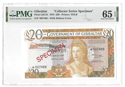 ジブラルタル 20ポンド 標本 1975年 Pk 23CS1 PMG 65 EPQ ジェム Unc エリザベス2世｜WORLD RESOURCE【QUEEN店】