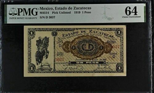 メキシコ、エスタド・デ・サカテカス M4514 P# 非上場 1919 ペソ PMG Ch UNC 64|WORLD RESOURCE【QUEEN店】