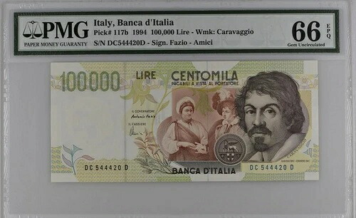 イタリア（ユーロ導入前）100,000リラ 1994 P117b UNC / PMG GEM66EPQ｜WORLD RESOURCE【QUEEN店】