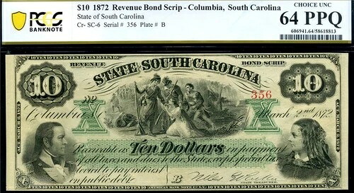 HGR 1872 $10 コロンビア サウスカロライナ SC6 ((ゴージャス)) PCGS CHOICE UNC 64PPQ (356-B)｜WORLD RESOURCE【QUEEN店】