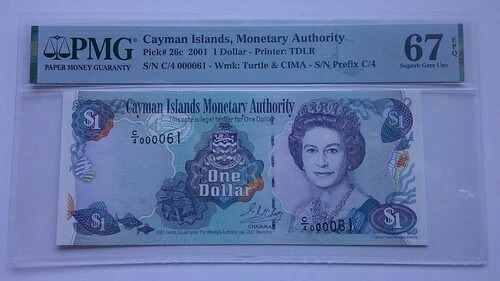 2001年 ケイマン諸島 $1 ピック#26c 極上ジェム Unc PMG 67 EPQ Very LOW シリアル000061｜WORLD RESOURCE【QUEEN店】