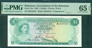 バハマ、1965年。$1.00 2署名、ピック#18a、PMGグレード65EPQ Gem UNC｜WORLD RESOURCE【QUEEN店】
