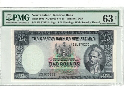 ニュージーランド 5ポンド 1960-67 ピック番号 160d PMG: 63 UNC. (#2476)｜WORLD RESOURCE【QUEEN店】
