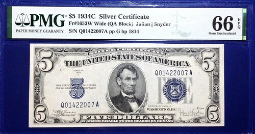 1934年C 5ドル銀券 Fr-1563W PMG66 宝石 EPQ｜WORLD RESOURCE【QUEEN店】