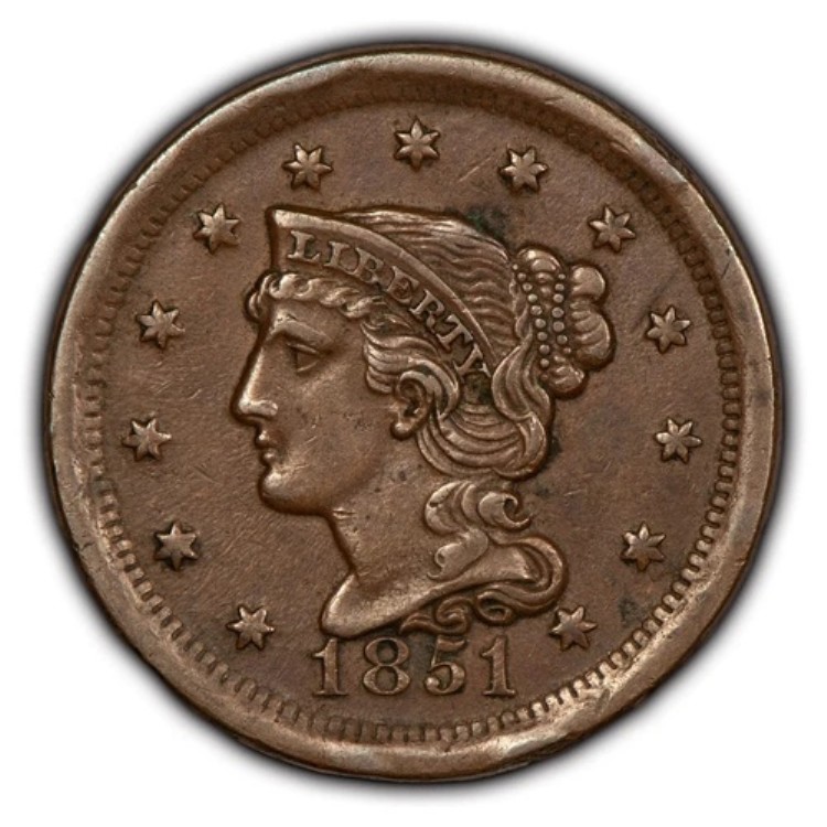 1851年 1セント 編み込みヘア ラージセント - AU+/UNC- SKU-B3233|WORLD RESOURCE【QUEEN店】