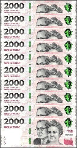 アルゼンチン 2000ペソ、2023 ND、P-368a.2、UNC X 10 PCS|WORLD RESOURCE【QUEEN店】
