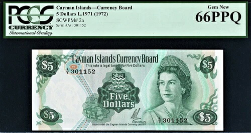 ケイマン諸島 5ドル QEII L.1971 (1972) Pick-2a GEM UNC PCGS 66 PPQ|WORLD RESOURCE【QUEEN店】
