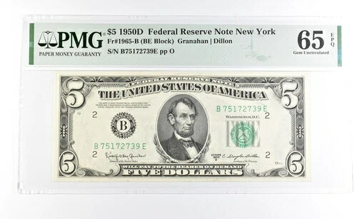 PMG 65 Gem Unc EPQ 1950 D $5 ニューヨーク、NY US FRN グリーンシール Fr#1965-B *1015｜WORLD RESOURCE【QUEEN店】