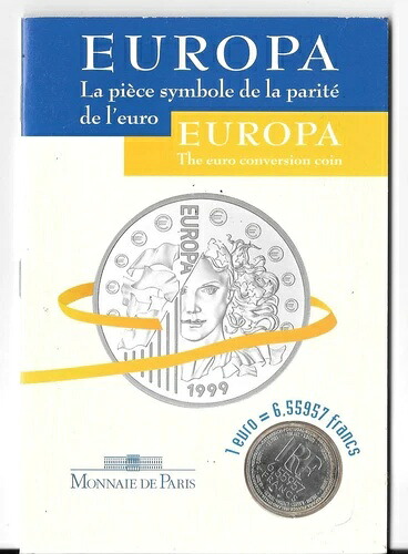 フランス 1ユーロ = 6.55957フラン 1999 KM#1254 UNC シルバー 30mm 13g フォルダー B7|WORLD RESOURCE【QUEEN店】
