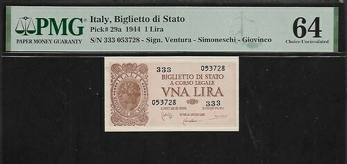 イタリア 1リラ 1944 PMG 64 UNC シリーズ 333|WORLD RESOURCE【QUEEN店】