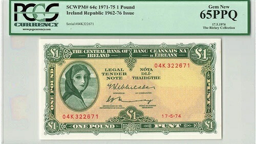 アイルランド 1ポンド 1974年、P-64c (17-5-74)、PCGS 65 PPQ Gem UNC、未使用グレード｜WORLD RESOURCE【QUEEN店】