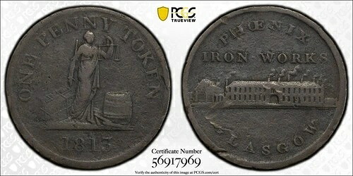 1813年 イギリス Tk 1D ウィザーズ-1353 グラスゴー フェニックス鉄工所 PCGS VF 詳細|WORLD RESOURCE【QUEEN店】